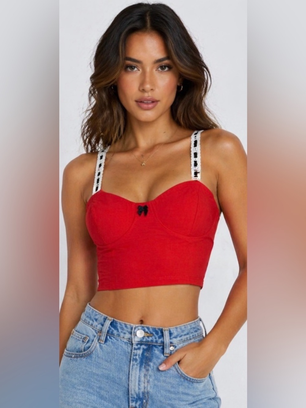 Blashe Red Coquette Corset Top Lace Ribbon Straps Dainty Romcore Crop Bustier S
